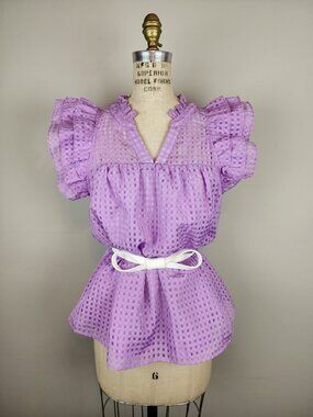 Lavender Sheer Check Dramatic Flutter Sleeve V Neck Ruffled Collar Blouse * Med